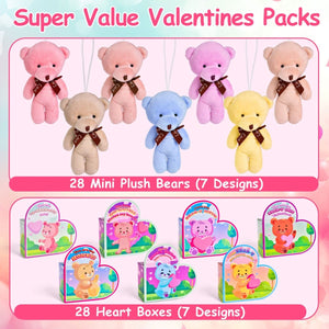 28PCS Valentine’s Mini Keychain Bear Plush Toys with Heart Boxes - PopFun