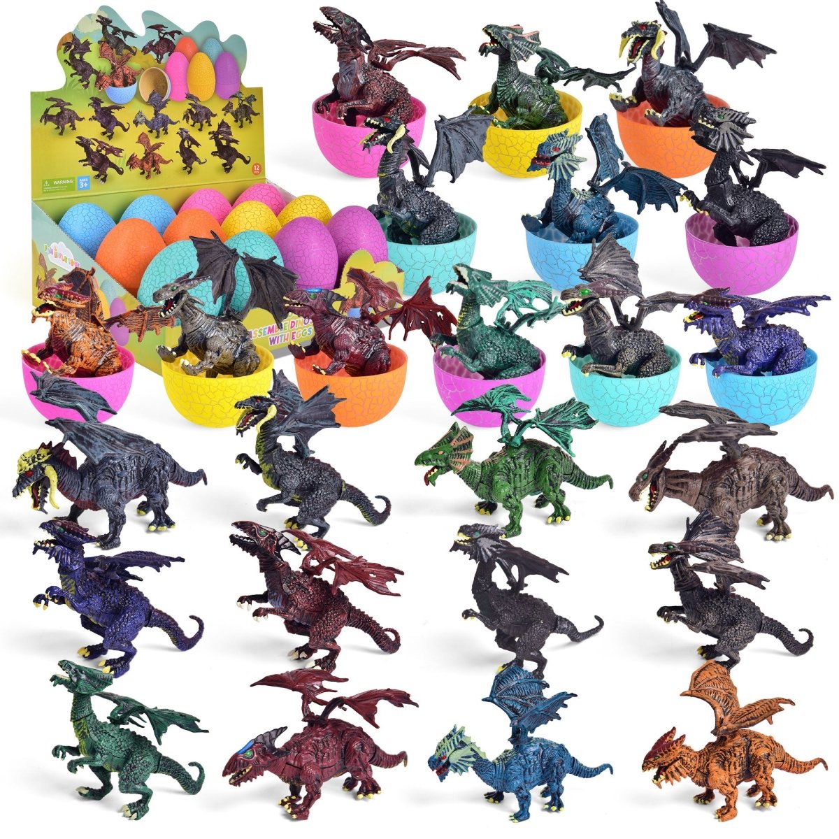 12PCS Easter Eggs Pre-Filled with Mini Dragon Action Figures - PopFun