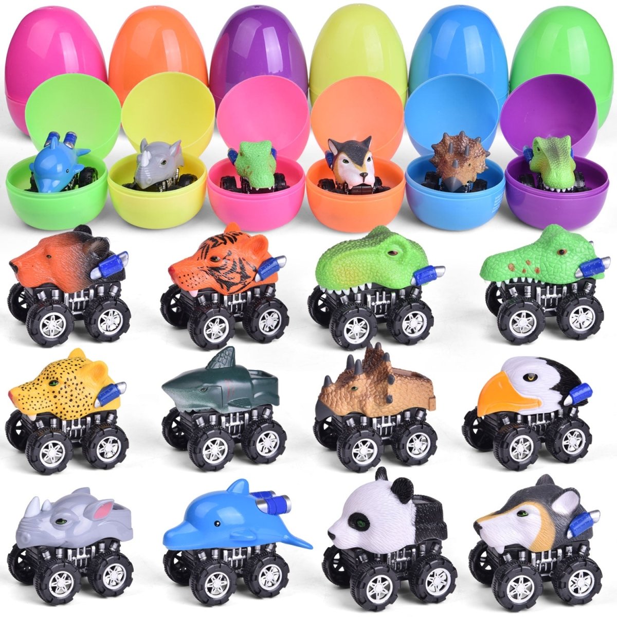 12PCS Easter Eggs Pre-Filled with Pull Back Mini Animal Cars Vehicle Toys - PopFun