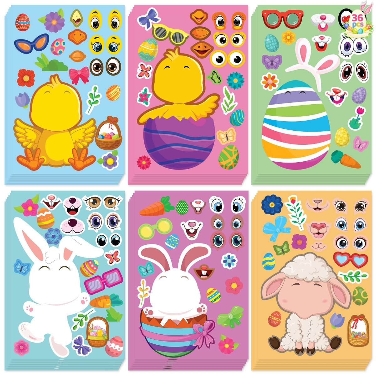 36PCS Easter-Themed Make A Face Stickers - PopFun