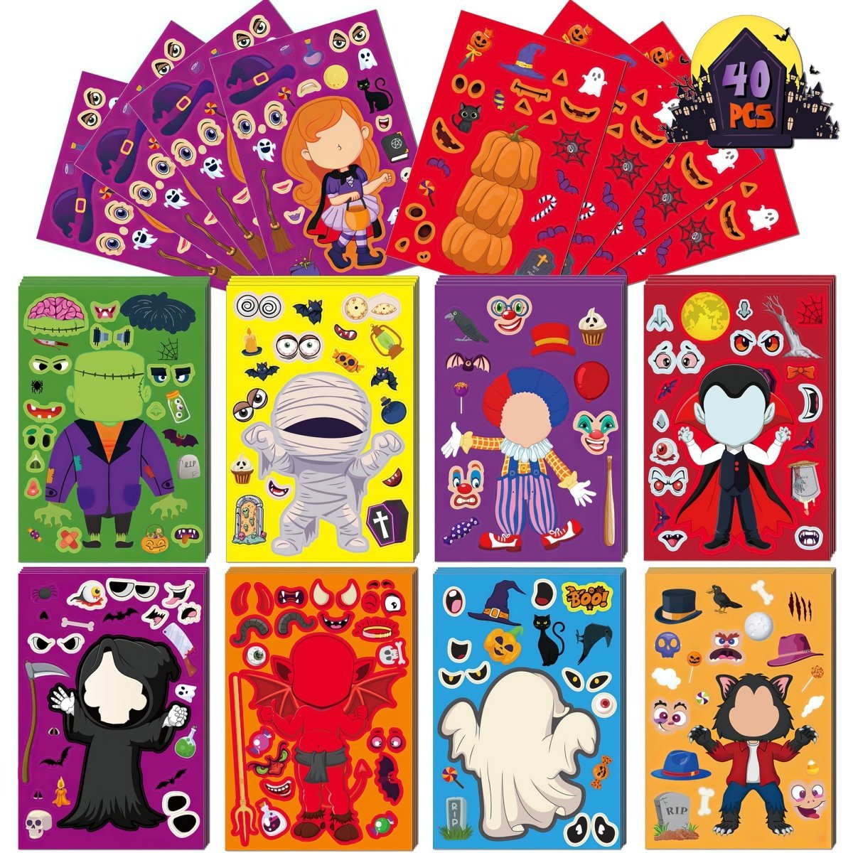 40 PCS Halloween Make a Face Stickers - Wholesale - PopFun