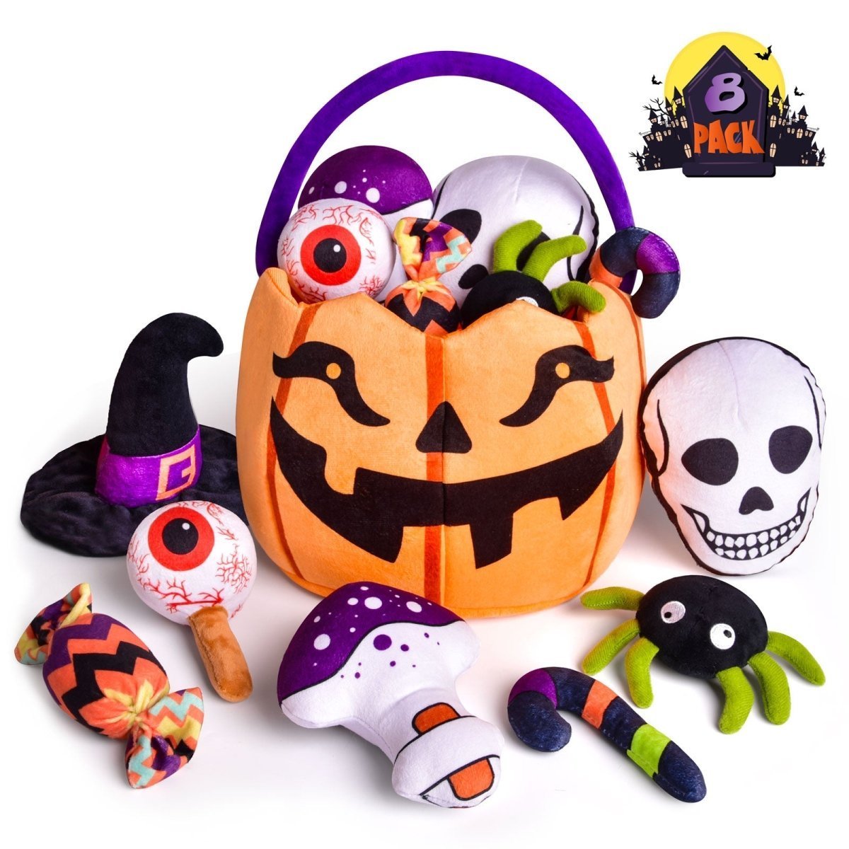 8 PCS Halloween Plush Pumpkin Basket with Stuffed Animal Toys - Wholesale - PopFun