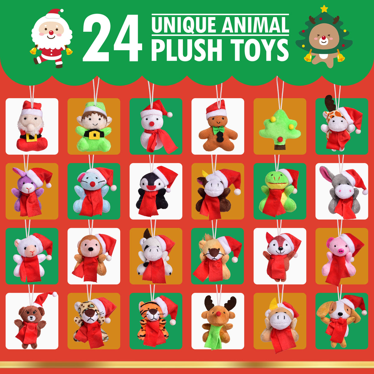 Mini Stuffed Animals Christmas Advent Calendar 2024 for Kids, Christmas Countdown Calendar with Assorted Mini Animal Plush Toy Set for Kids Christmas Party Favors (24 Varieties)