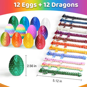 12 Pack 3D Printed Dragon Toys, Flexible Articulated Fidget Dragons in Surprise Eggs, Collectible Desk Toys, Party Favors & Classroom Prizes for Kids