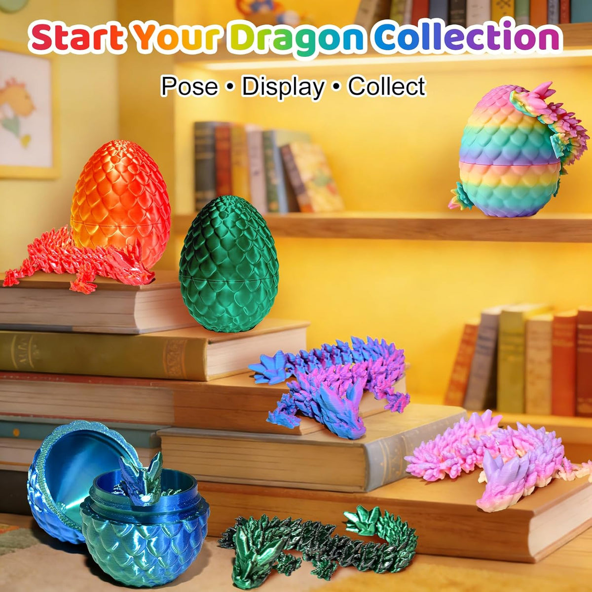 12 Pack 3D Printed Dragon Toys, Flexible Articulated Fidget Dragons in Surprise Eggs, Collectible Desk Toys, Party Favors & Classroom Prizes for Kids