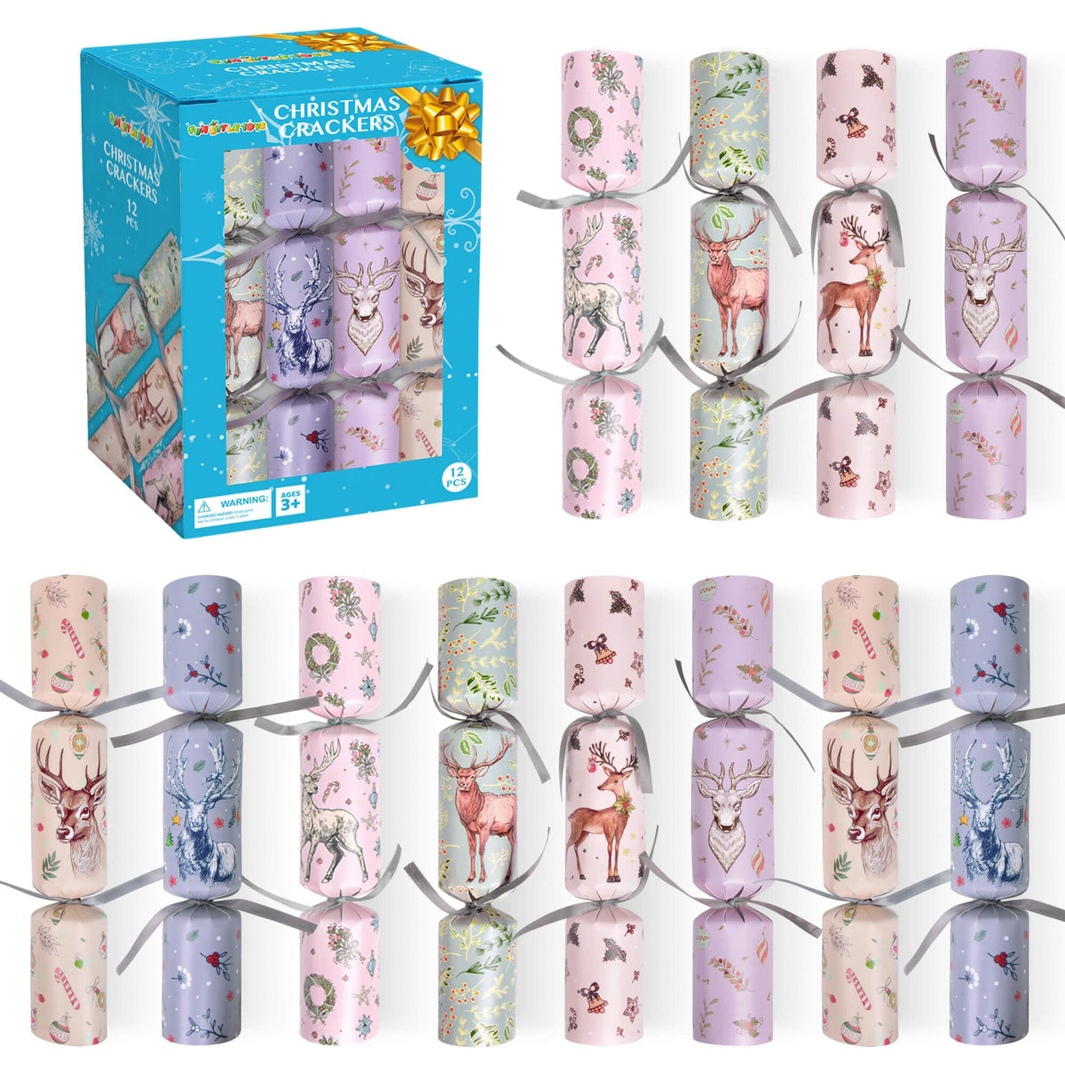 FUN LITTLE TOYS Christmas Crackers, 12 Pack Christmas No Snap Party Favors with Party Hat