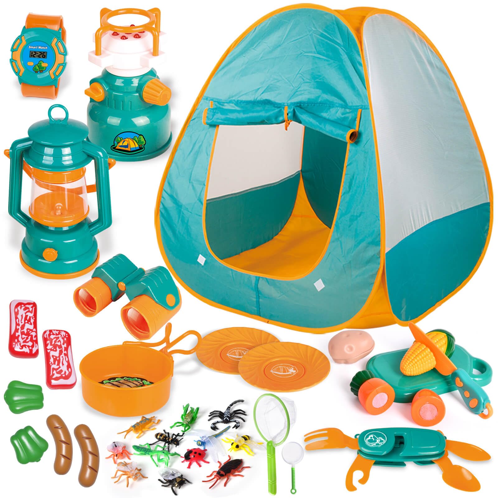 UN LITTLE TOYS Kids Camping Set with Pop Up Play Tent Camping Toys with Battery Lantern and Drawstring Bag Indoor Outdoor Pretend Play, Christmas Birthday Gifts for Boys