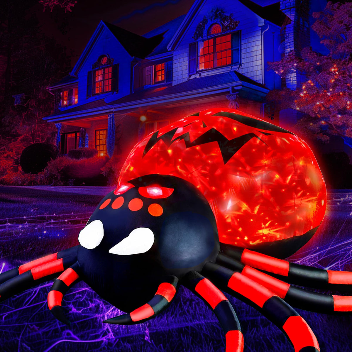 Presence Halloween Decorations Outdoor - 10FT Halloween Inflatable Spider with Firelight Rotating LED Lights, Large Creepy Outdoor Yard and Garden Hallowween Decorations