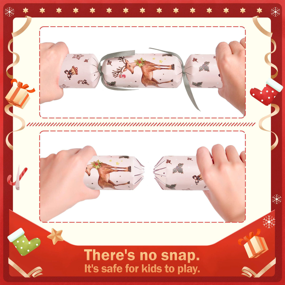 FUN LITTLE TOYS Christmas Crackers, 12 Pack Christmas No Snap Party Favors with Party Hat