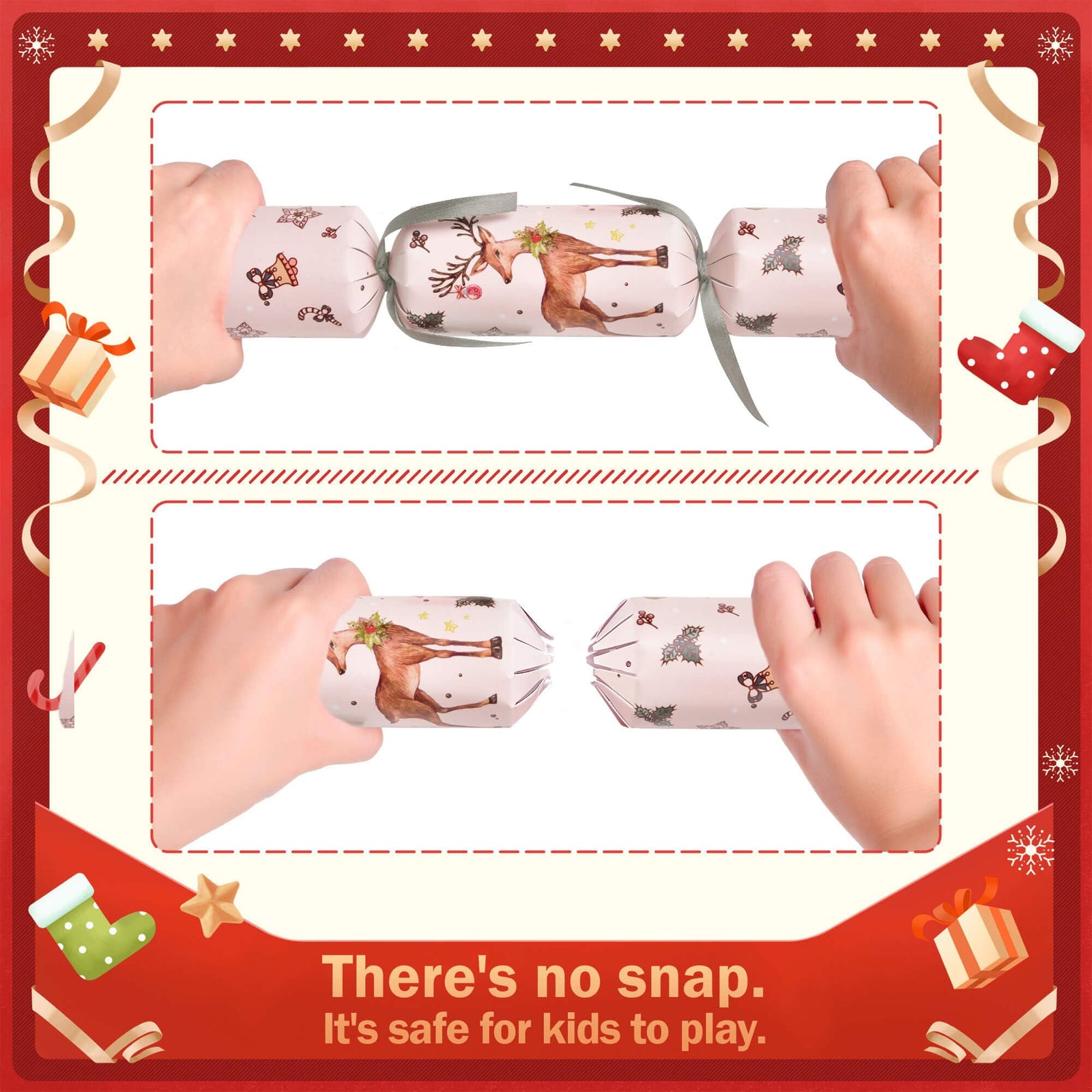 FUN LITTLE TOYS Christmas Crackers, 12 Pack Christmas No Snap Party Favors with Party Hat