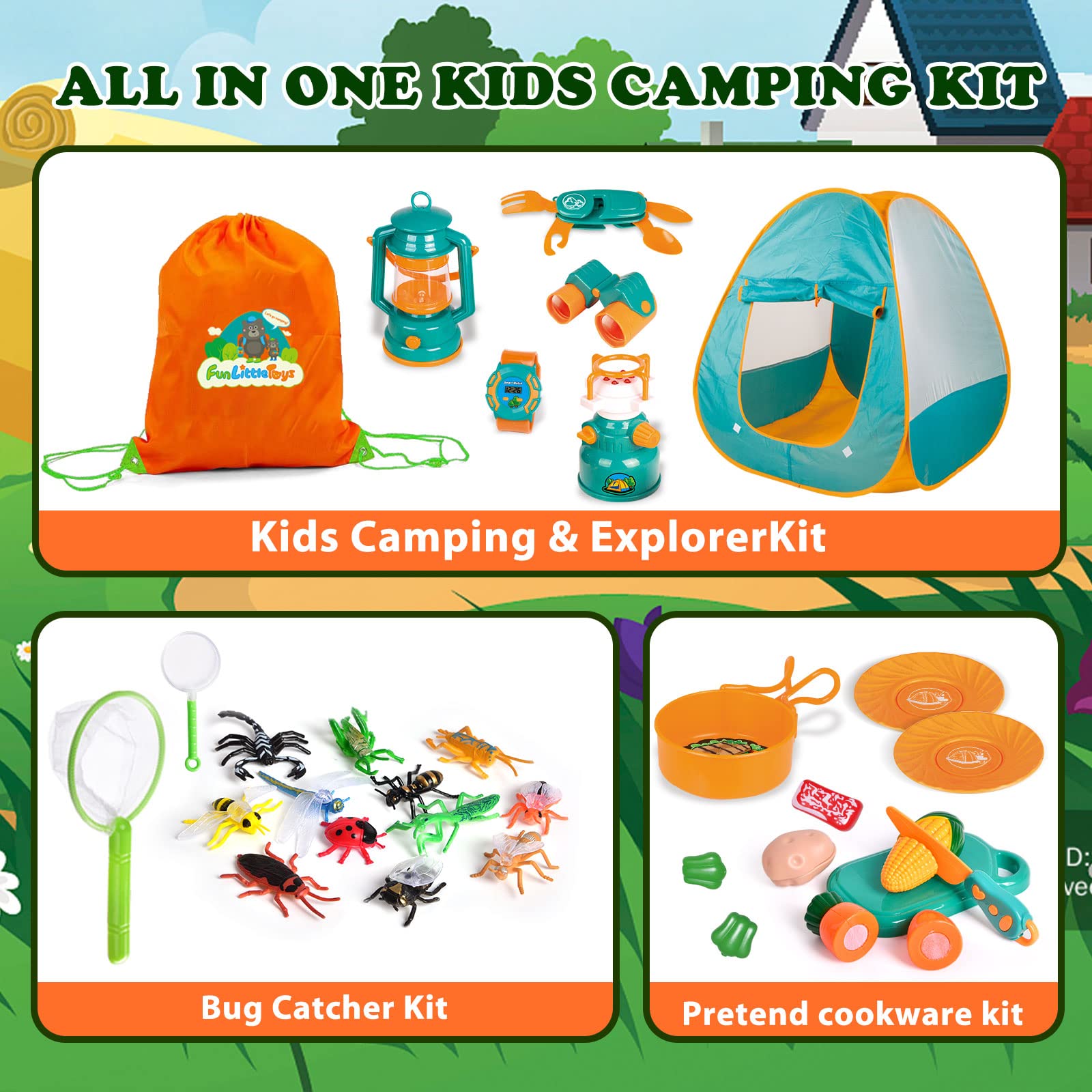 UN LITTLE TOYS Kids Camping Set with Pop Up Play Tent Camping Toys with Battery Lantern and Drawstring Bag Indoor Outdoor Pretend Play, Christmas Birthday Gifts for Boys