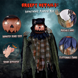 6FT Halloween Decorations Outdoor - Hanging Animatronic Halloween Decoration Jack-O'-Lantern with Glowing Eyes and Sound Activated Halloween Outdoor Decoration Haunted House Prop Decor
