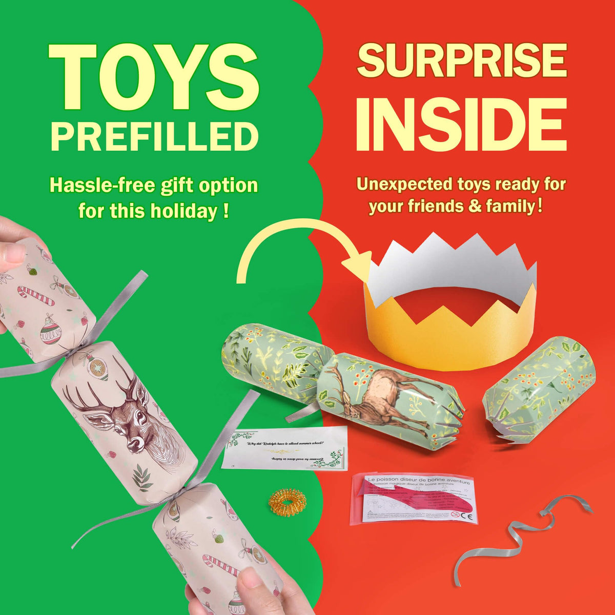 FUN LITTLE TOYS Christmas Crackers, 12 Pack Christmas No Snap Party Favors with Party Hat