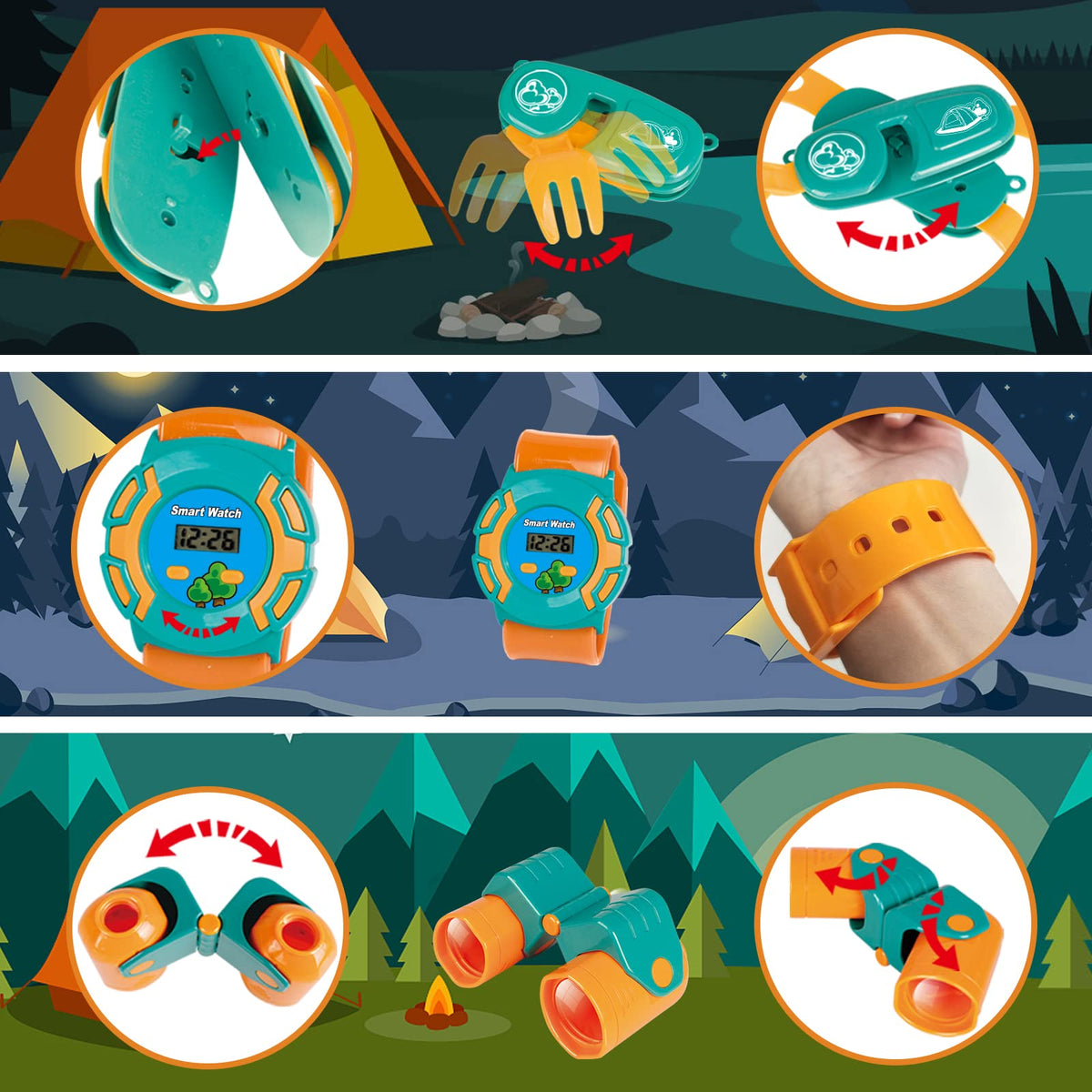 UN LITTLE TOYS Kids Camping Set with Pop Up Play Tent Camping Toys with Battery Lantern and Drawstring Bag Indoor Outdoor Pretend Play, Christmas Birthday Gifts for Boys