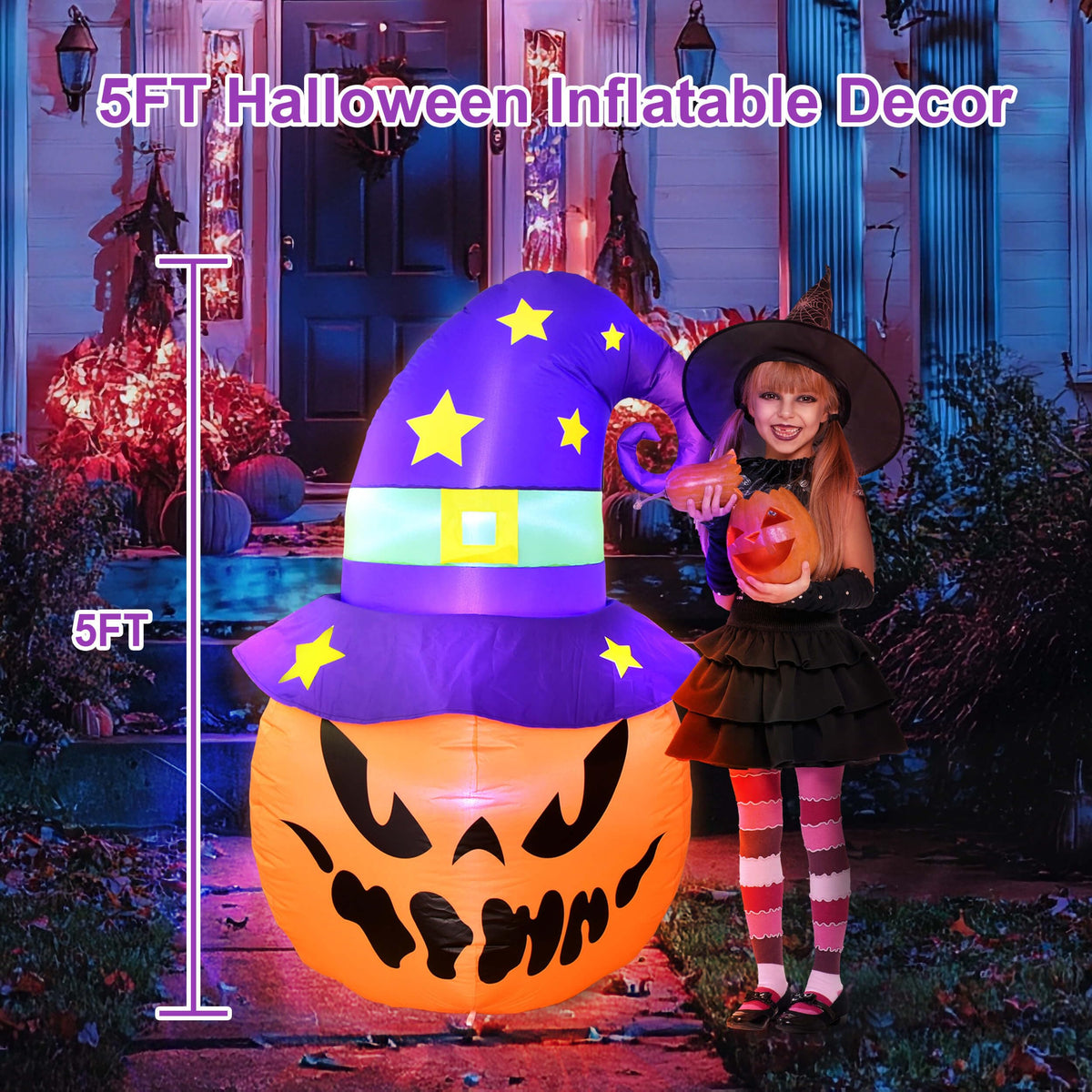 5FT Halloween Decorations Outdoor - Halloween Inflatables Pumpkin with Build-in LED Lights Blow Up Pumpkin for Halloween Party Indoor Outdoor Yard Garden