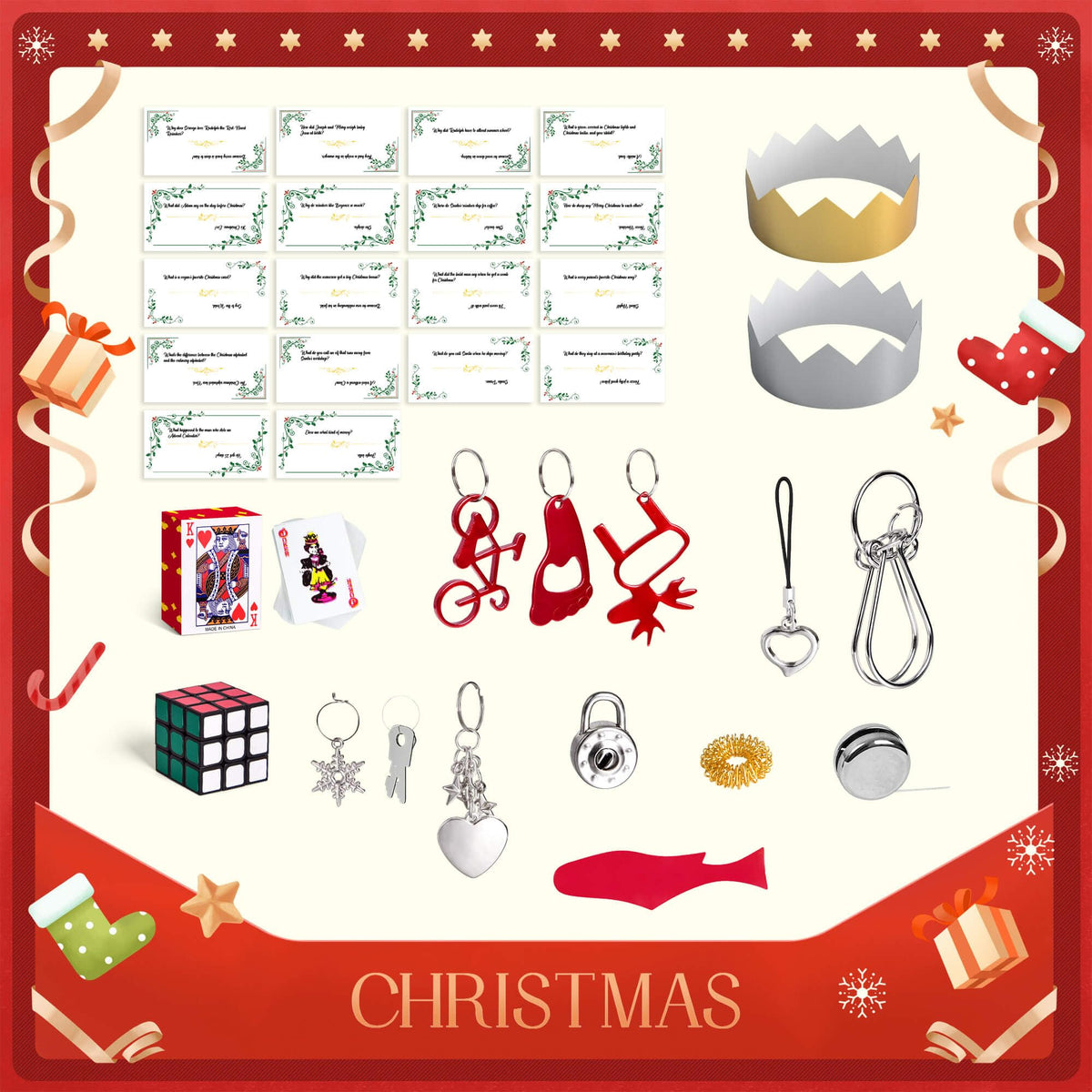 FUN LITTLE TOYS Christmas Crackers, 12 Pack Christmas No Snap Party Favors with Party Hat