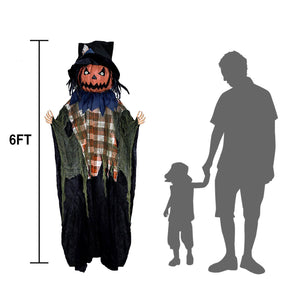 6FT Halloween Decorations Outdoor - Hanging Animatronic Halloween Decoration Jack-O'-Lantern with Glowing Eyes and Sound Activated Halloween Outdoor Decoration Haunted House Prop Decor