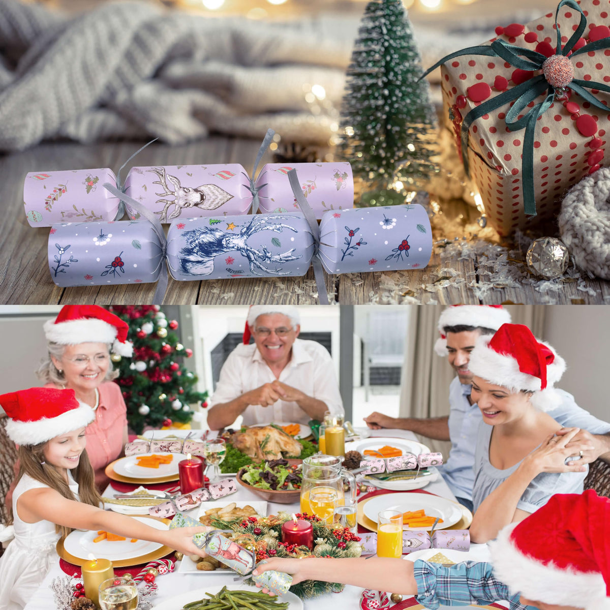 FUN LITTLE TOYS Christmas Crackers, 12 Pack Christmas No Snap Party Favors with Party Hat