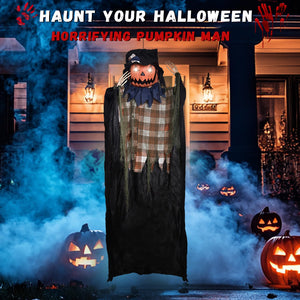 6FT Halloween Decorations Outdoor - Hanging Animatronic Halloween Decoration Jack-O'-Lantern with Glowing Eyes and Sound Activated Halloween Outdoor Decoration Haunted House Prop Decor