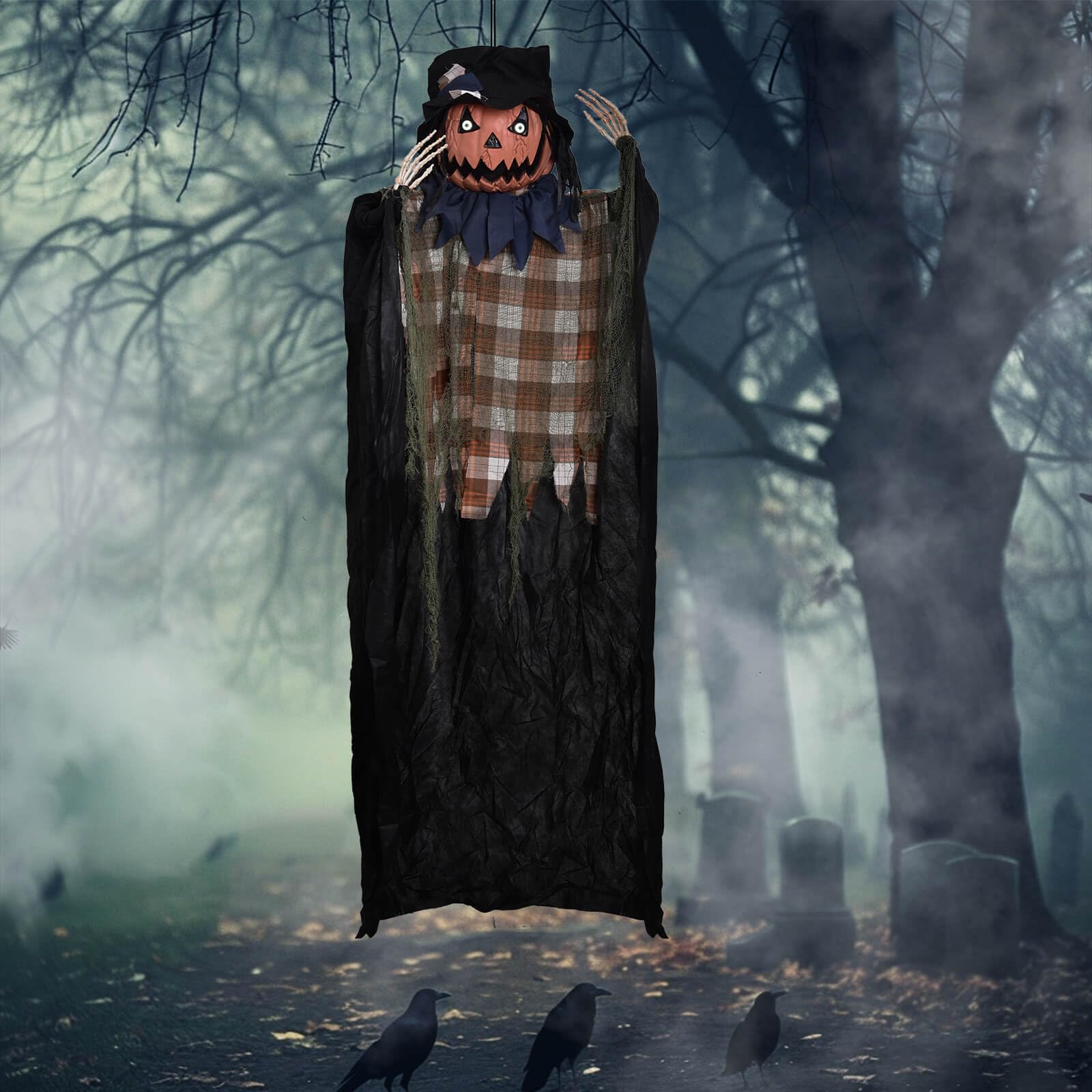 6FT Halloween Decorations Outdoor - Hanging Animatronic Halloween Decoration Jack-O'-Lantern with Glowing Eyes and Sound Activated Halloween Outdoor Decoration Haunted House Prop Decor