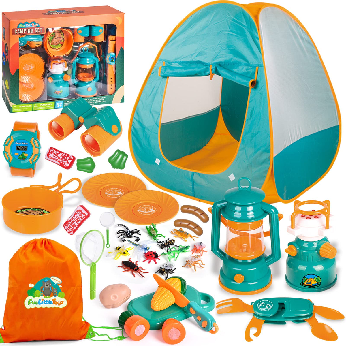 UN LITTLE TOYS Kids Camping Set with Pop Up Play Tent Camping Toys with Battery Lantern and Drawstring Bag Indoor Outdoor Pretend Play, Christmas Birthday Gifts for Boys