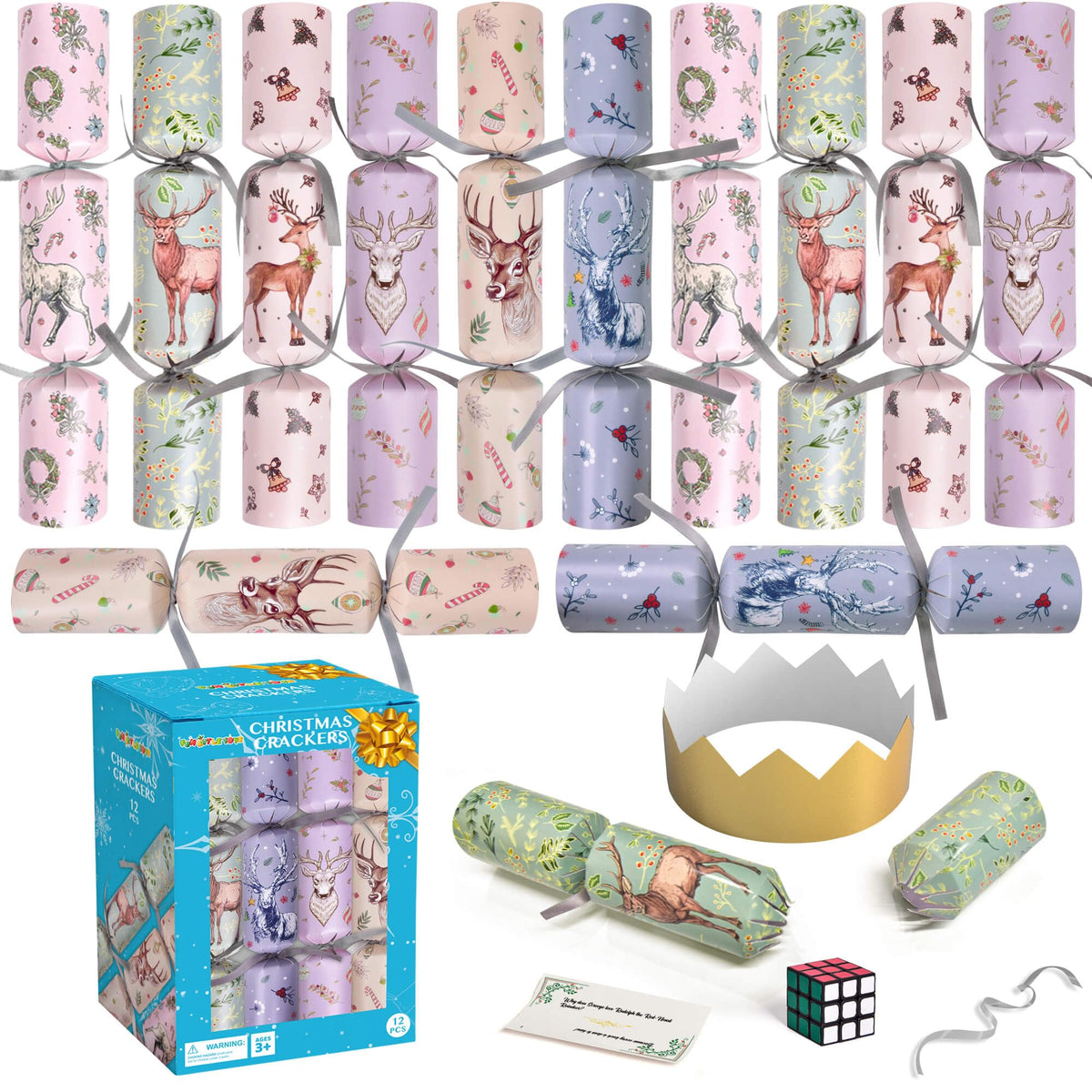 FUN LITTLE TOYS Christmas Crackers, 12 Pack Christmas No Snap Party Favors with Party Hat