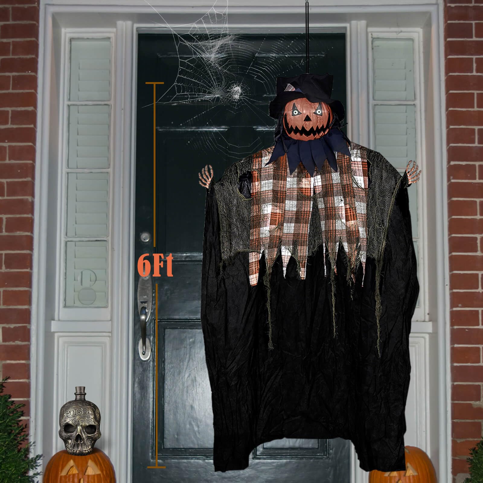 6FT Halloween Decorations Outdoor - Hanging Animatronic Halloween Decoration Jack-O'-Lantern with Glowing Eyes and Sound Activated Halloween Outdoor Decoration Haunted House Prop Decor