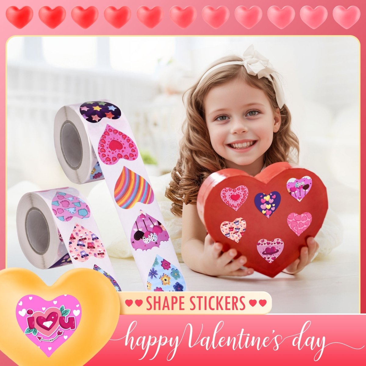 1000PCS (2 Pack) Valentine’s Day Heart Sticker Rolls - PopFun