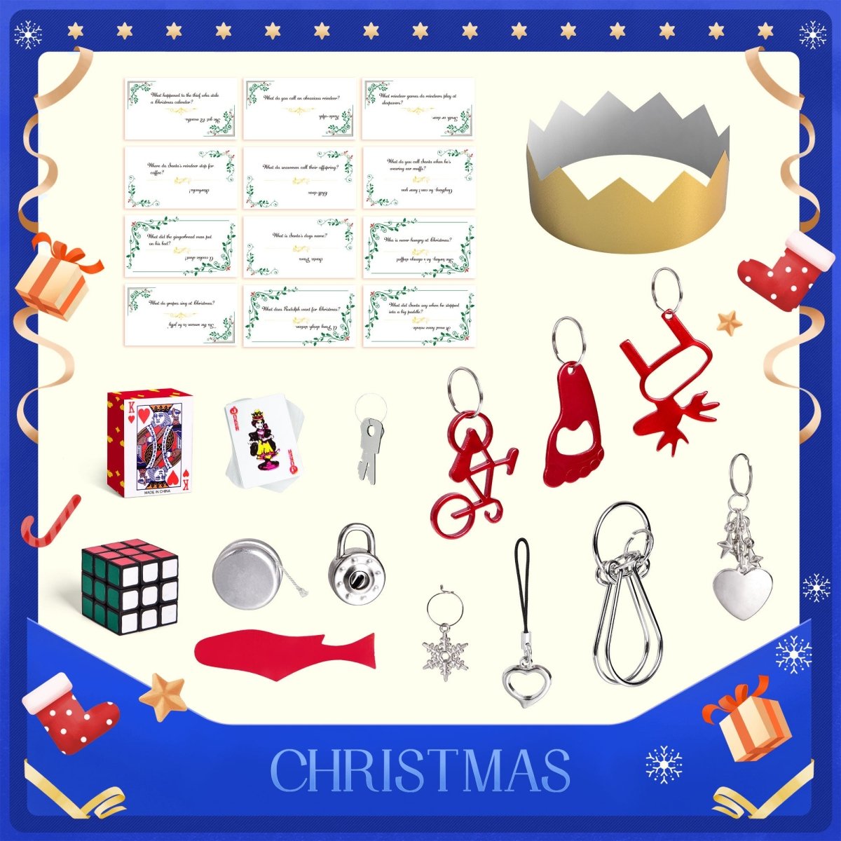 12 Pack Blue & White Christmas Party Favors with Party Hat - PopFun