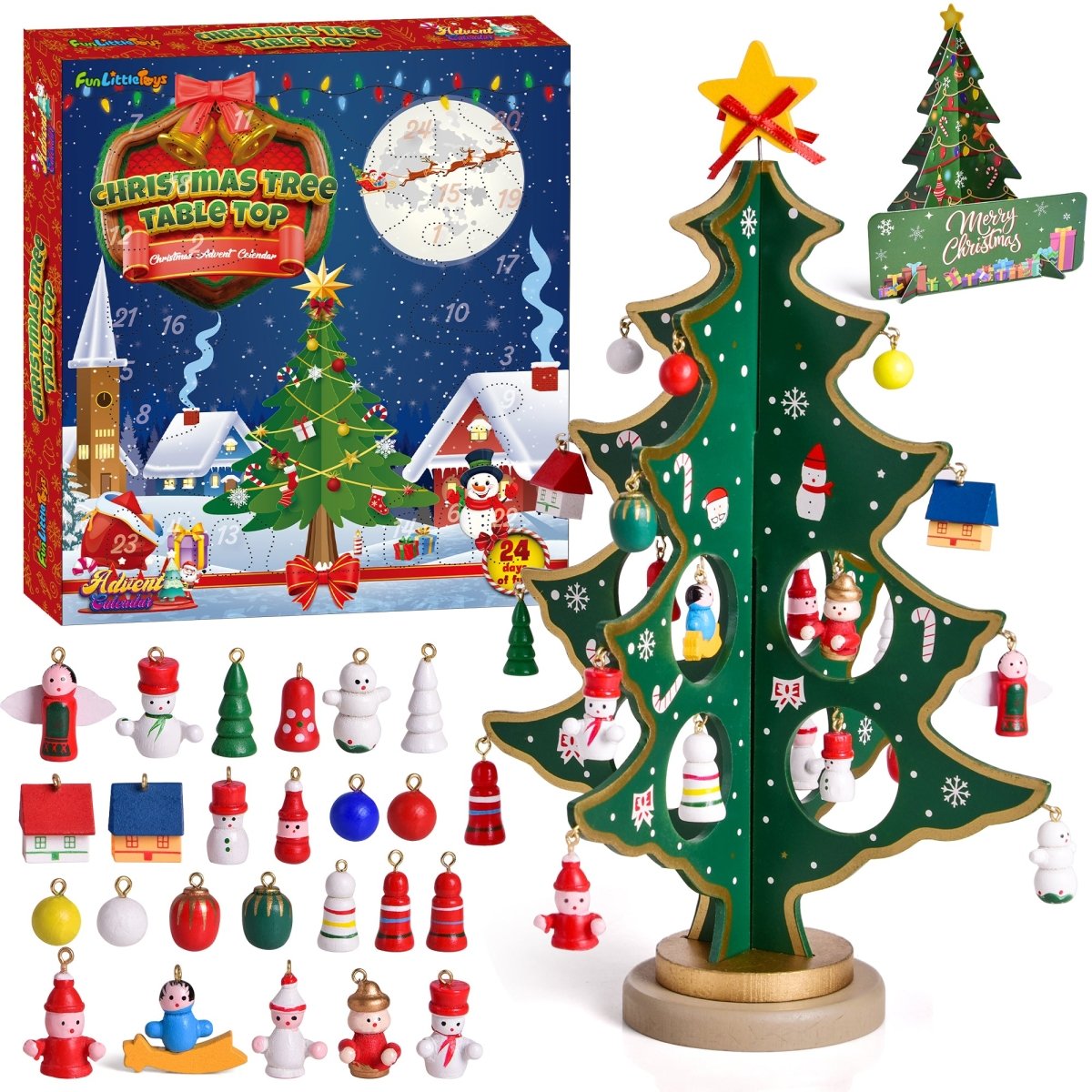 12" Wooden Tabletop Christmas Tree & 24 Tiny Ornaments - PopFun