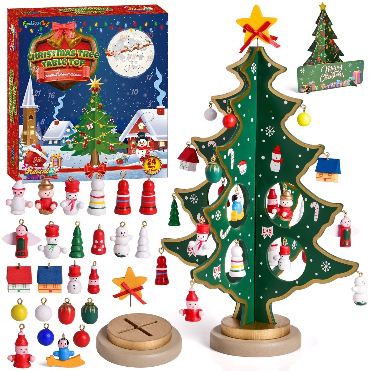 12" Wooden Tabletop Christmas Tree & 24 Tiny Ornaments - PopFun
