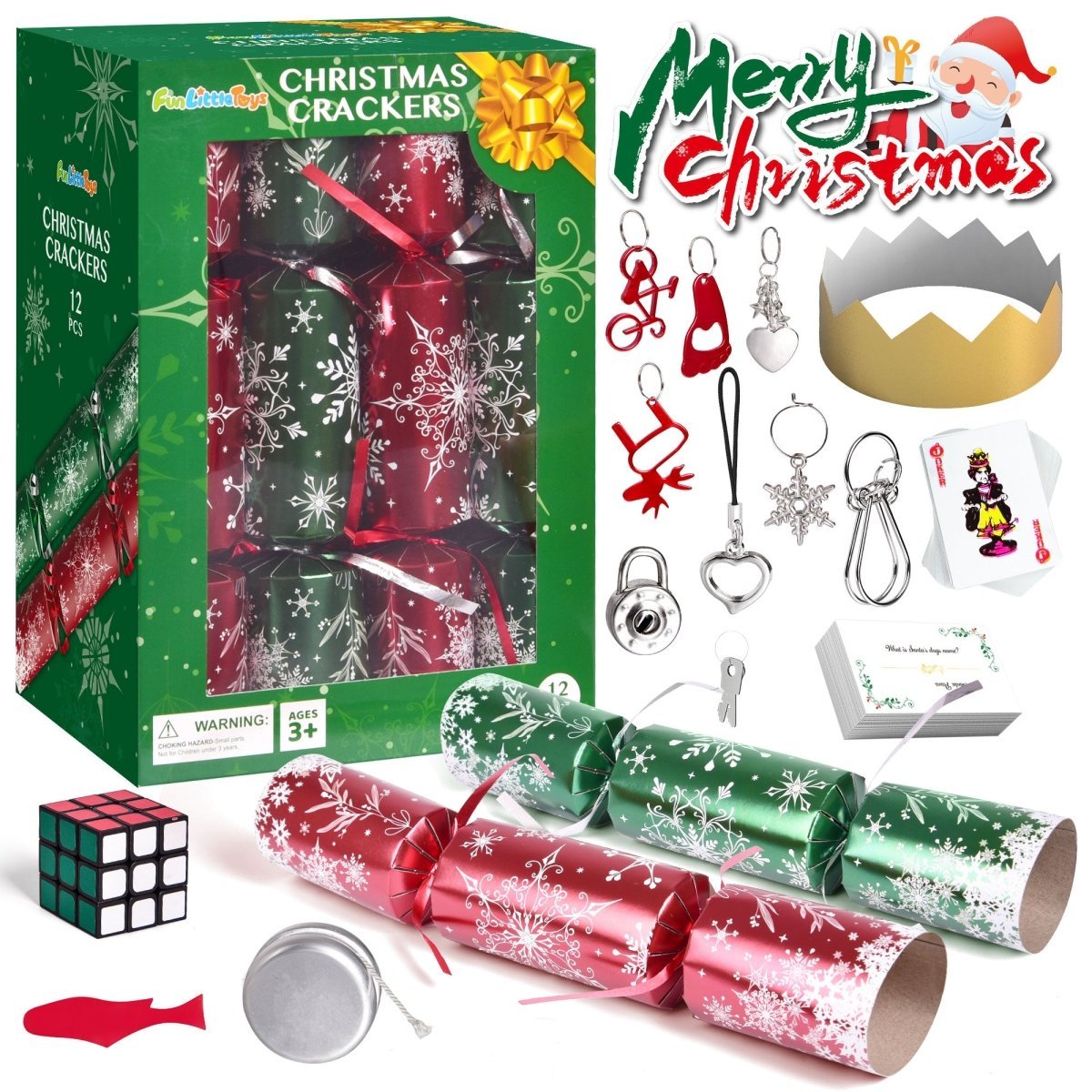 12PCS Christmas Red & Green Snowflakes No-Snap Crackers with Party Hat - Wholesale - PopFun
