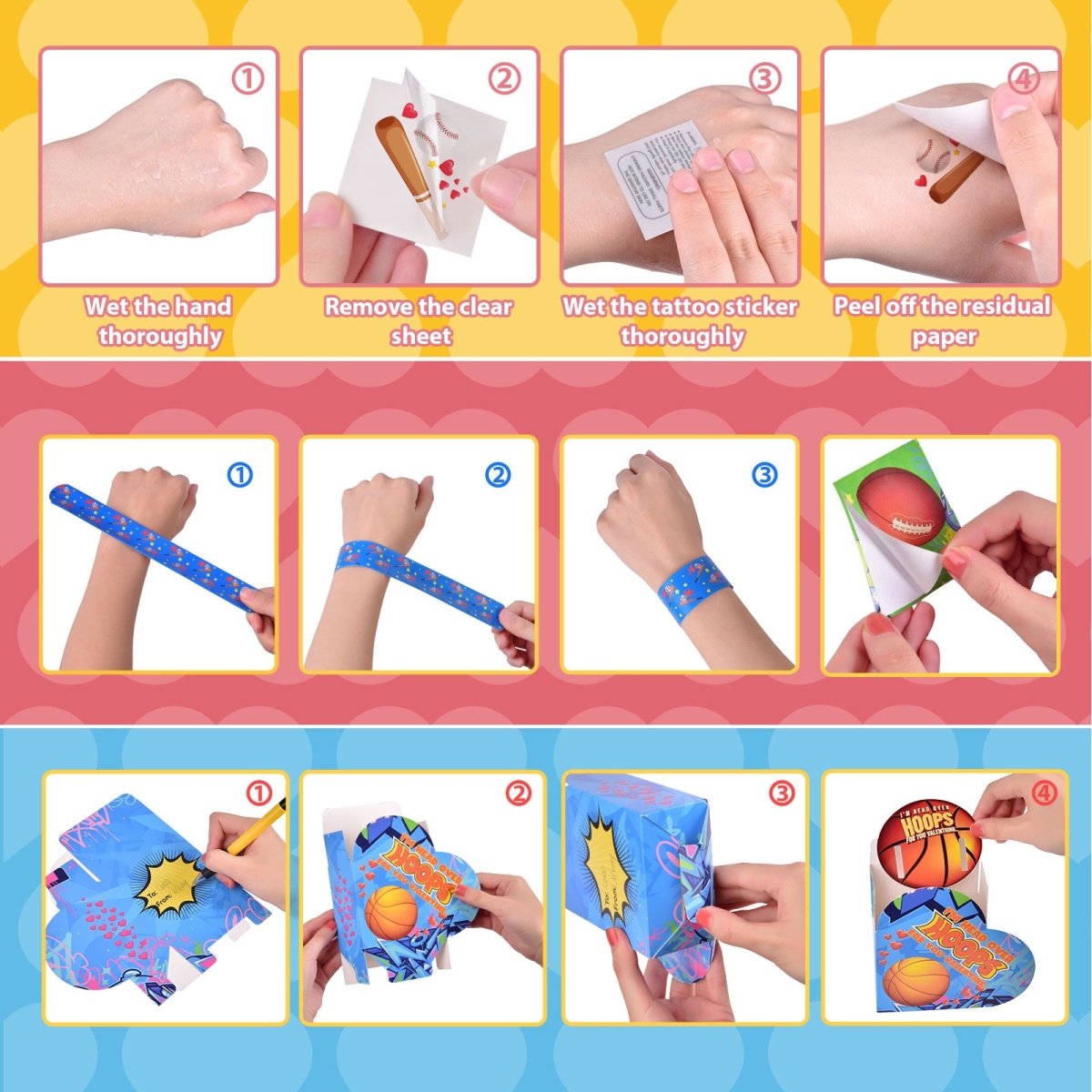 180PCS Valentine’s Sports-Themed Slap Bracelets and Stickers with Heart Box - PopFun