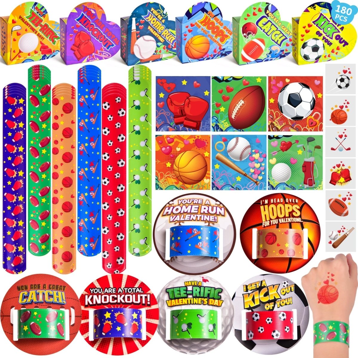 180PCS Valentine’s Sports-Themed Slap Bracelets and Stickers with Heart Box - Wholesale - PopFun