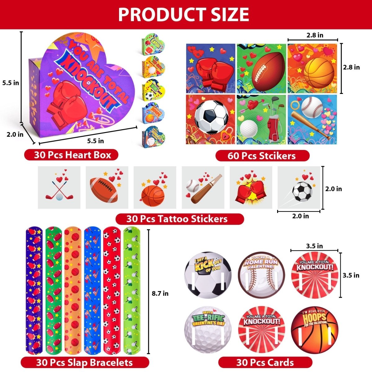 180PCS Valentine’s Sports-Themed Slap Bracelets and Stickers with Heart Box - Wholesale - PopFun