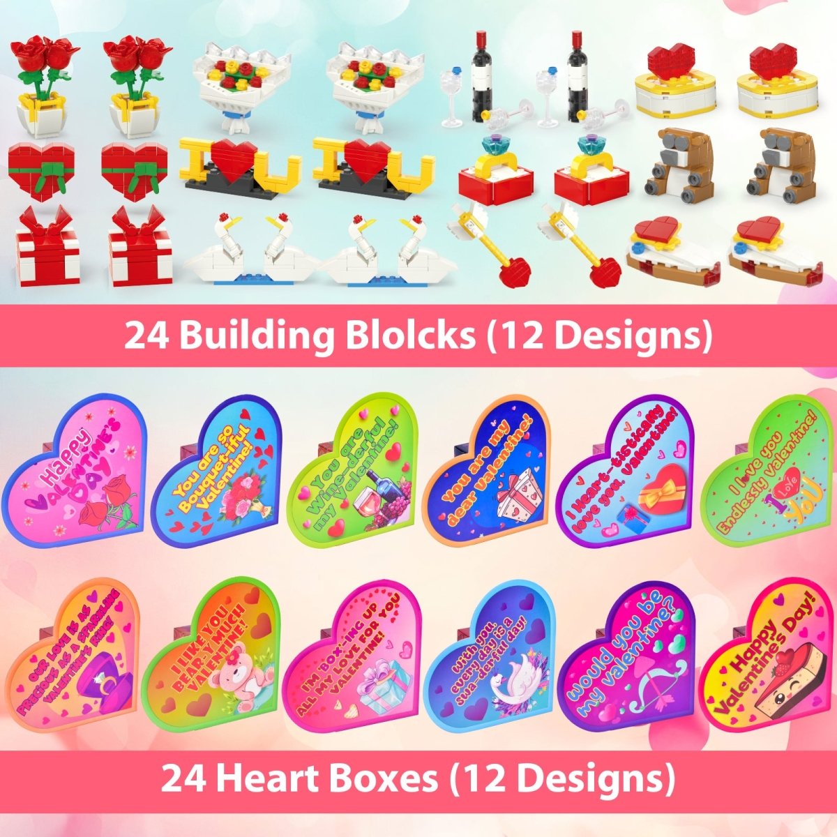 24PCS Kids' Valentines Flower & Heart Building Blocks with Heart Boxes - PopFun