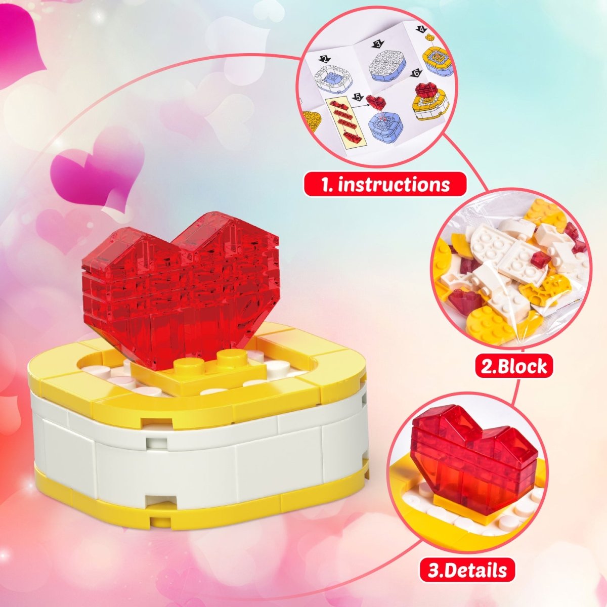 24PCS Kids' Valentines Flower & Heart Building Blocks with Heart Boxes - PopFun