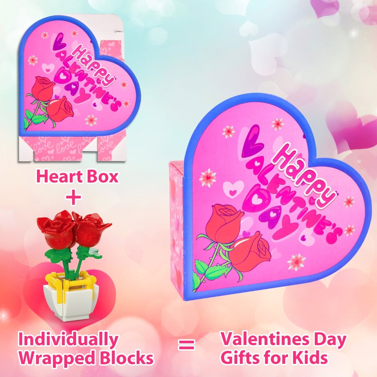 24PCS Kids' Valentines Flower & Heart Building Blocks with Heart Boxes - PopFun