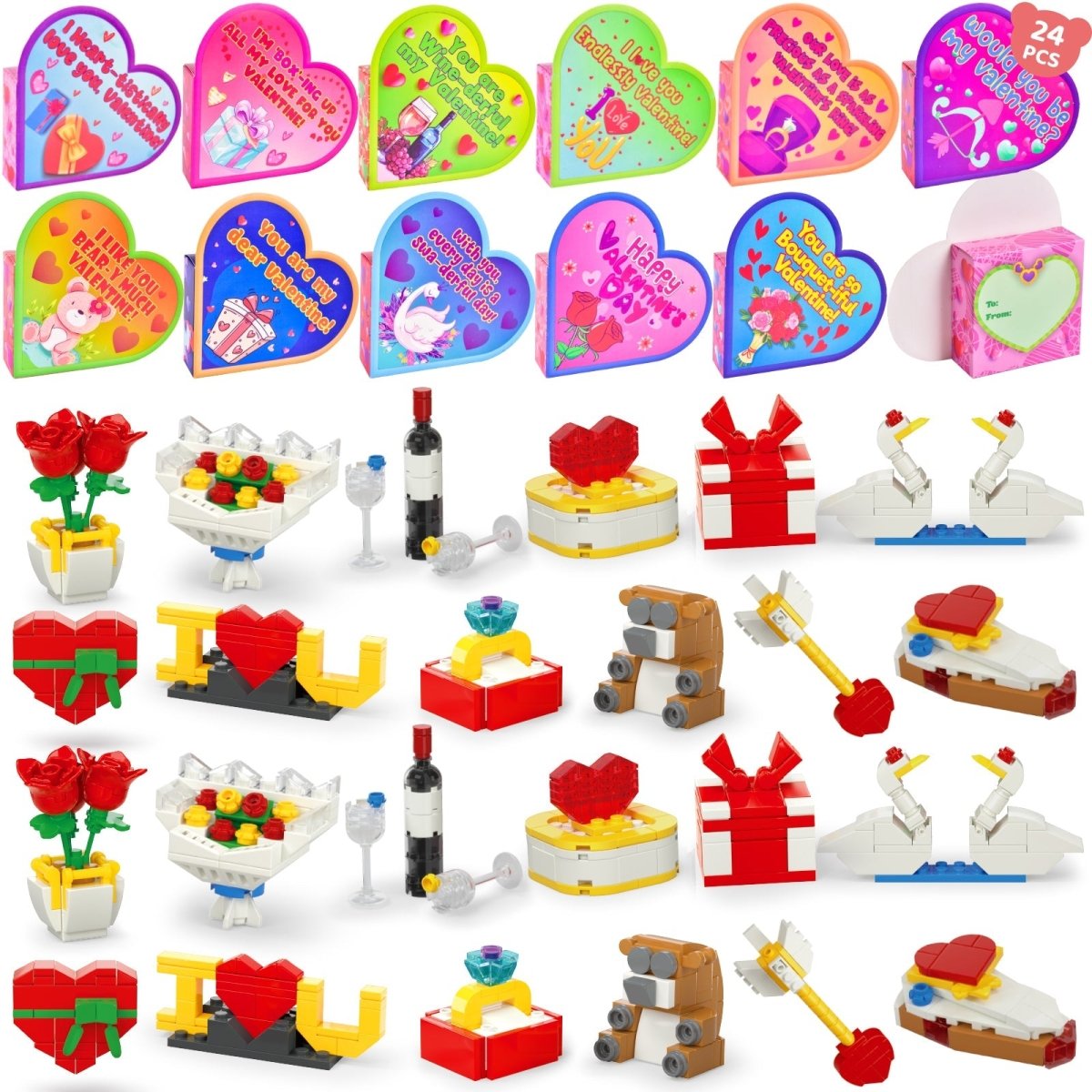 24PCS Kids' Valentines Flower & Heart Building Blocks with Heart Boxes - Wholesale - PopFun