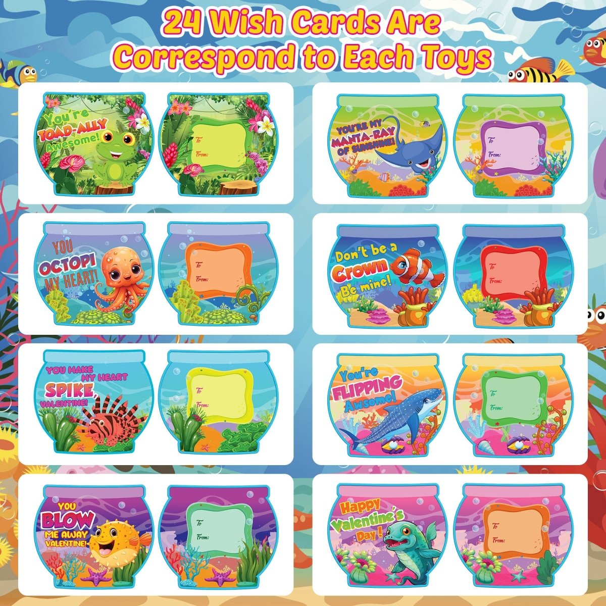 24PCs Valentine's Color-Changing Sea Animal Toys with Cards - PopFun