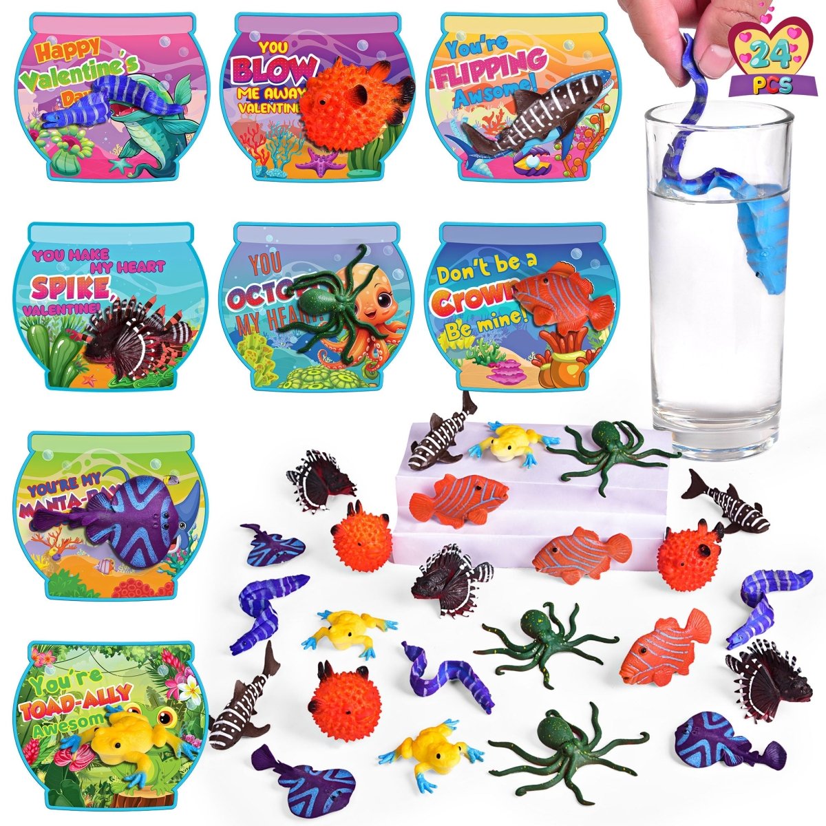 24PCs Valentine's Color-Changing Sea Animal Toys with Cards - PopFun
