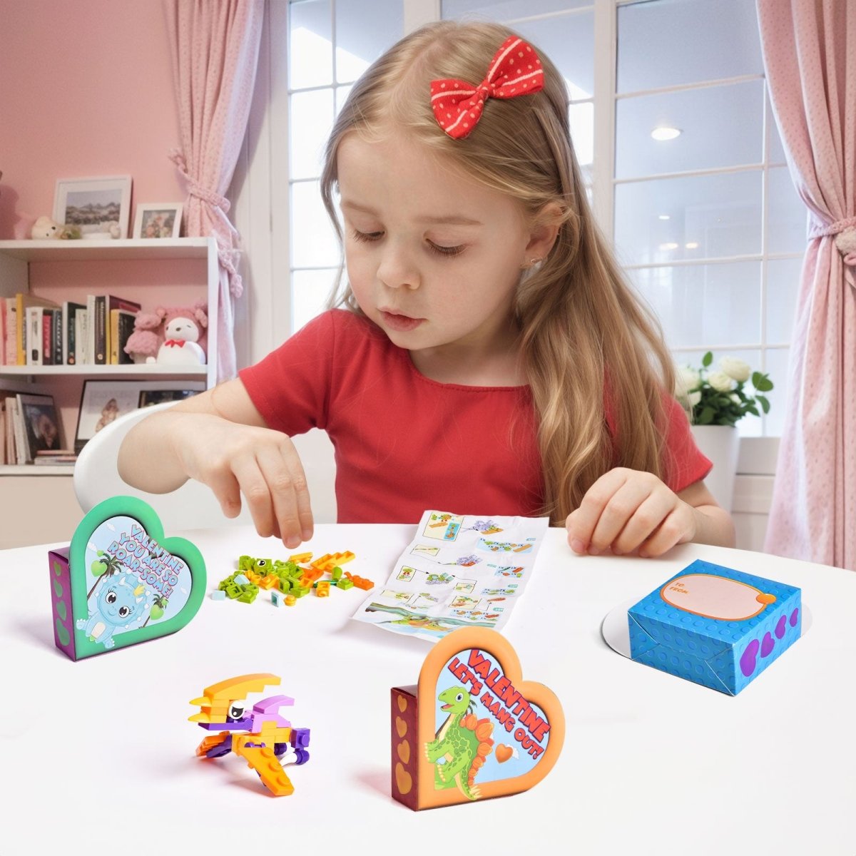 24PCS Valentine's Day Dinosaur Building Blocks with Heart-Shaped Boxes - PopFun