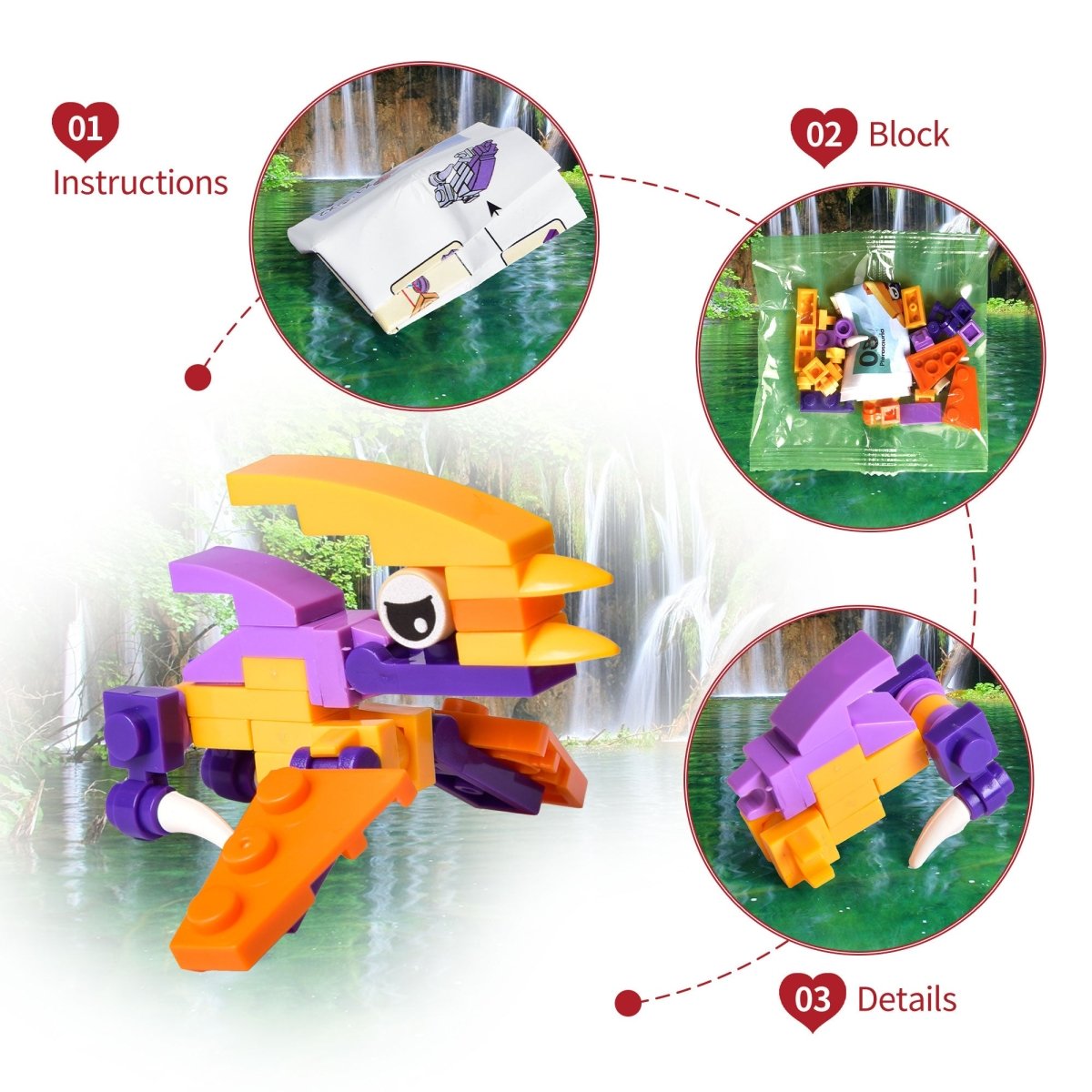24PCS Valentine's Day Dinosaur Building Blocks with Heart-Shaped Boxes - PopFun