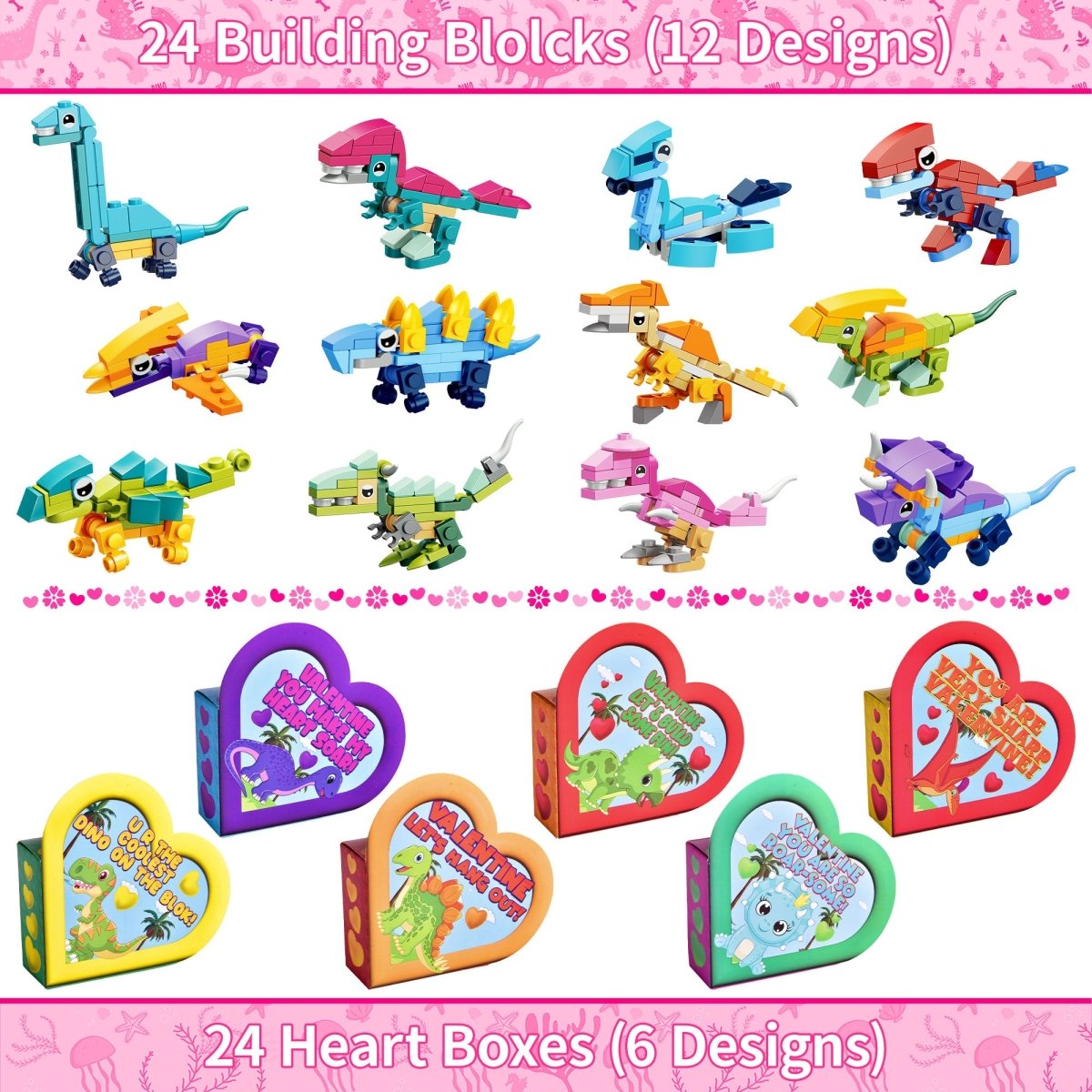 24PCS Valentine's Day Dinosaur Building Blocks with Heart-Shaped Boxes - PopFun