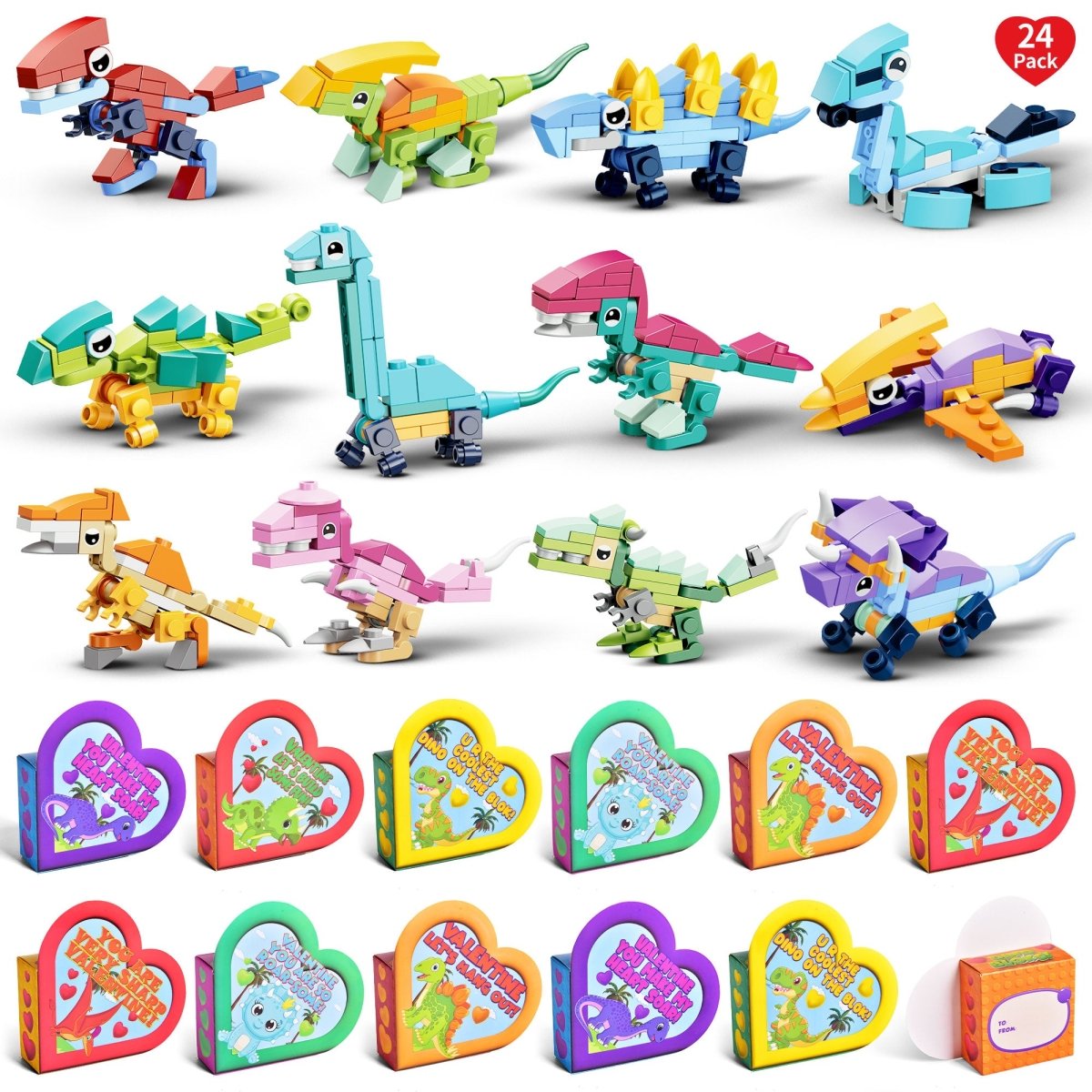 24PCS Valentine's Day Dinosaur Building Blocks with Heart-Shaped Boxes - PopFun