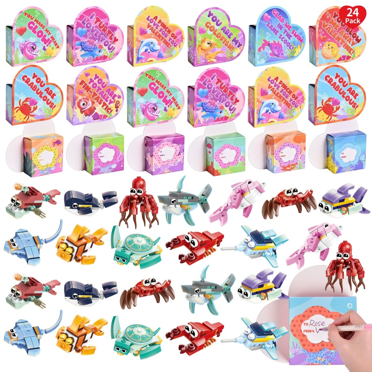 24PCS Valentine's Sea Animal Building Blocks with Heart-Shaped Boxes - PopFun