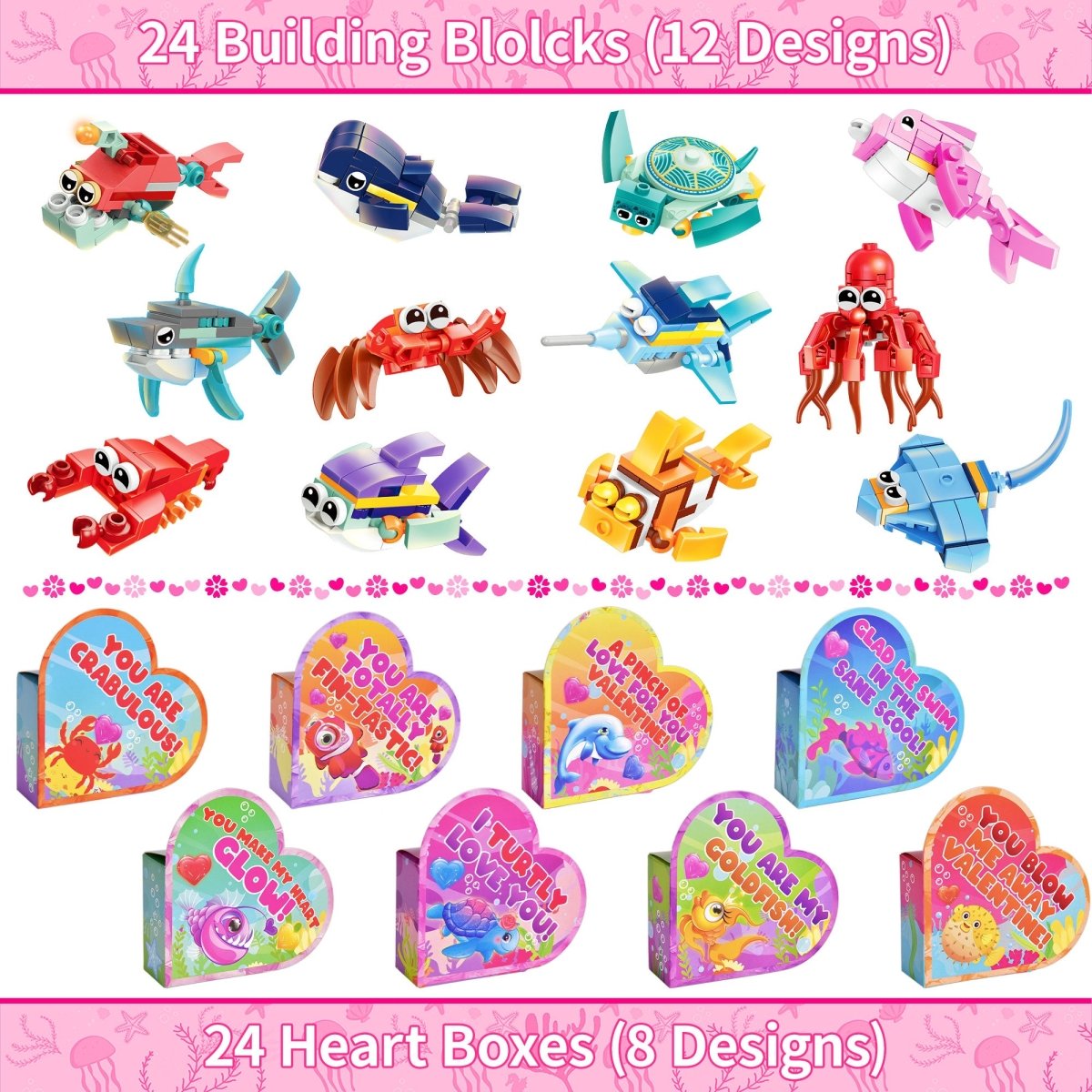 24PCS Valentine's Sea Animal Building Blocks with Heart-Shaped Boxes - PopFun