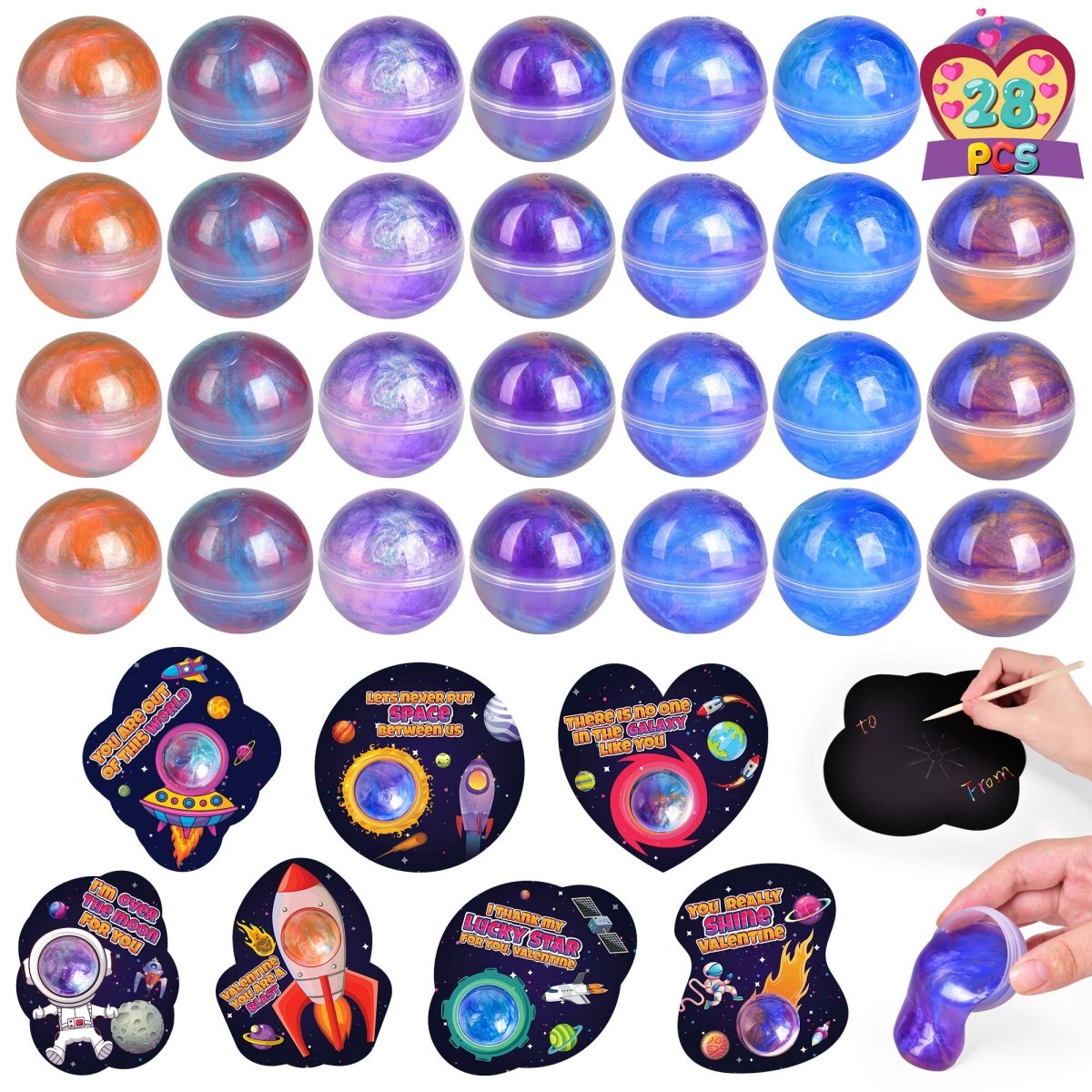 28-Pack Valentine’s Galaxy Slime Ball Fidget Toys & Cards Set - PopFun