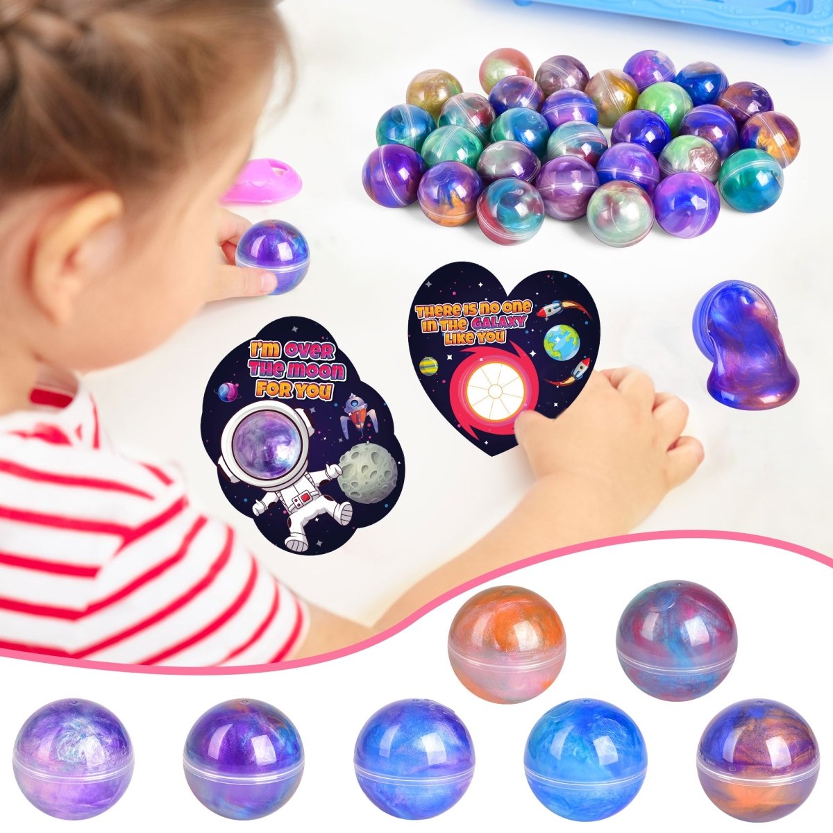 28-Pack Valentine’s Galaxy Slime Ball Fidget Toys & Cards Set - PopFun