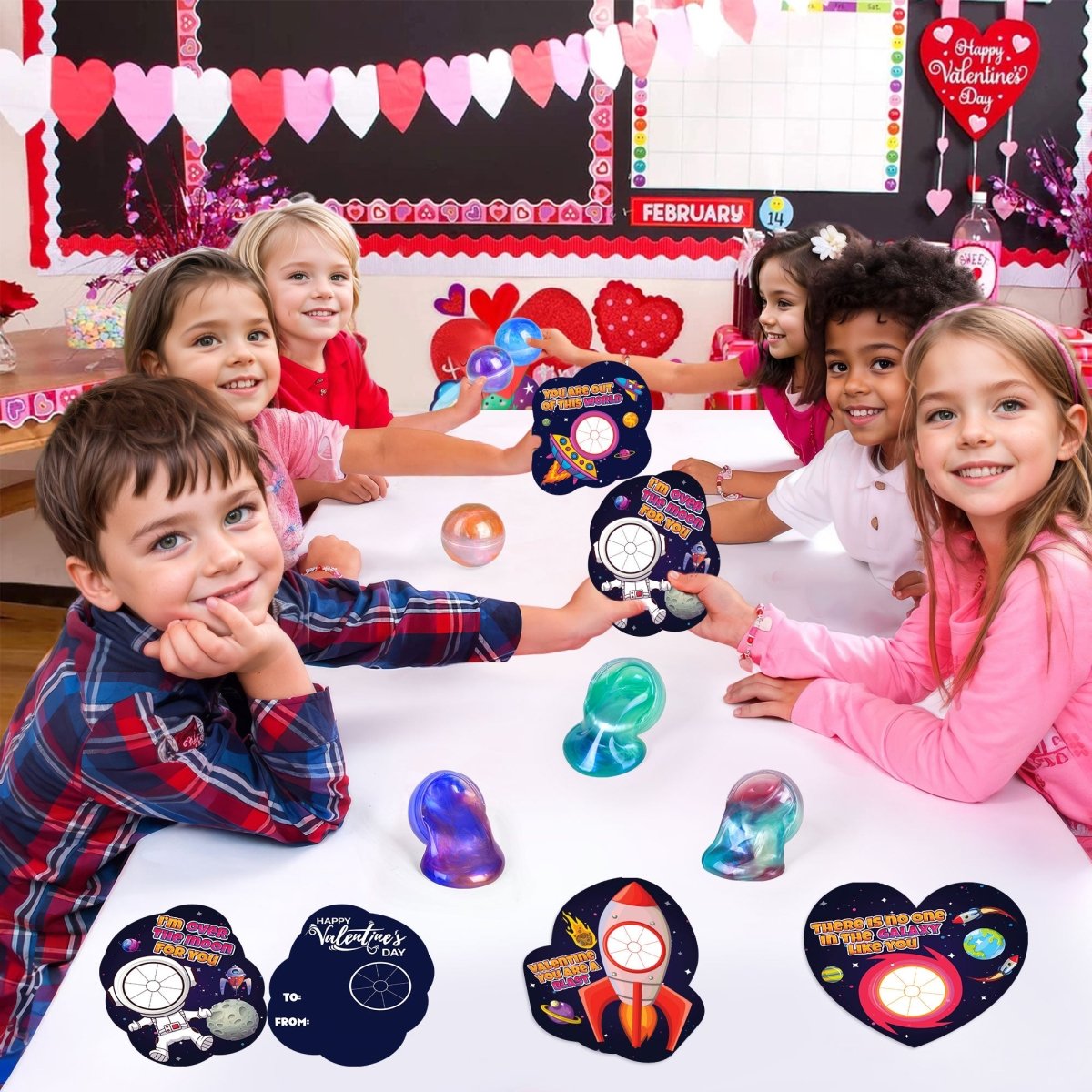 28-Pack Valentine’s Galaxy Slime Ball Fidget Toys & Cards Set - PopFun